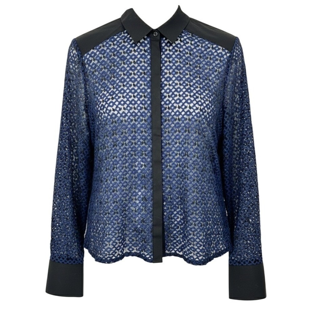 Anne Fontaine Sirielle Blue Black Lace Button Up Shirt Blouse Size S - CJ
